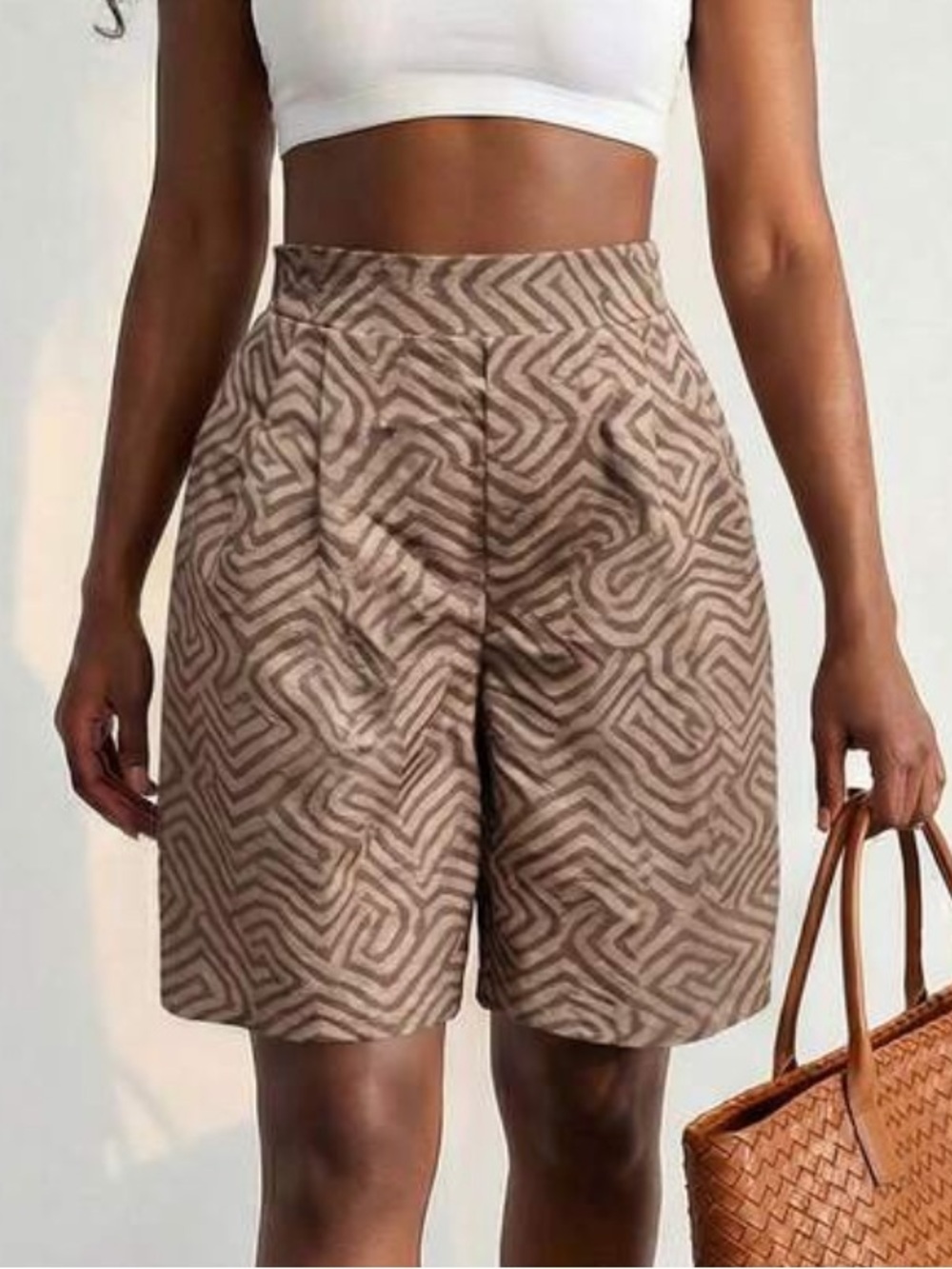 High-Rise Brown Patterned Bermuda Shorts